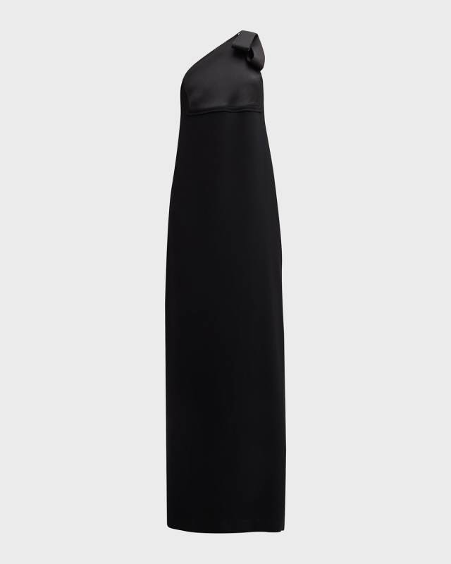 Bow One-Shoulder Italian Satin-Panel Crepe Gown
